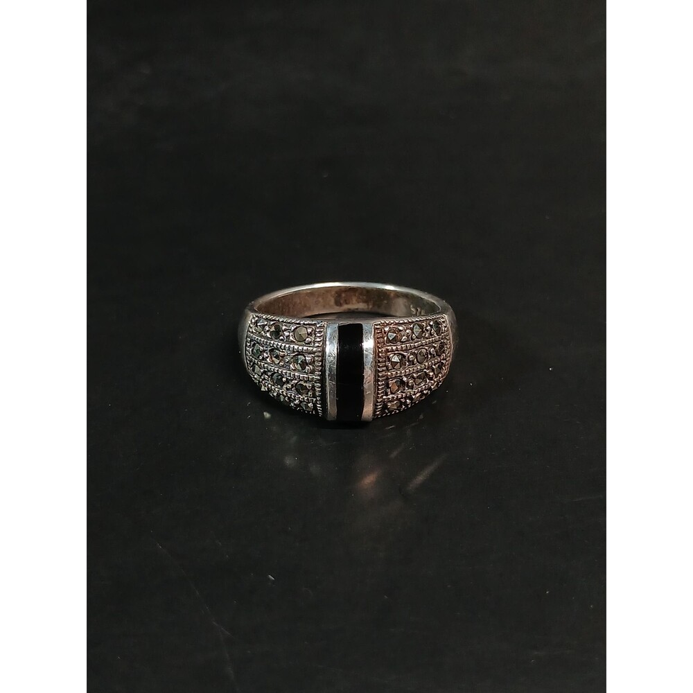 Sterling Silver 925 Art Deco Marcasite Onyx Ring Size 8